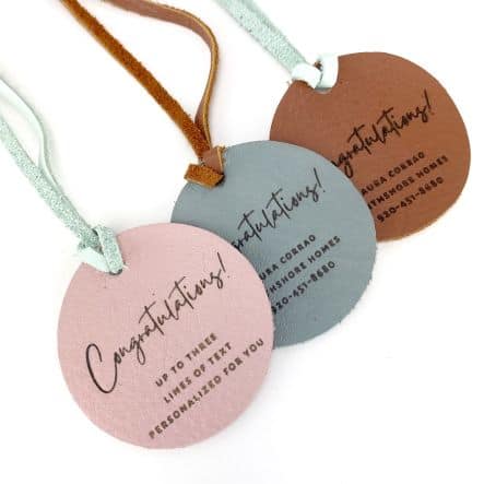 Congratulations leather gift tags pink, grey, brown, customized