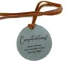 Congratulations personalized leather gift tag grey with brown leather cord