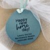 Happy new home day gift tag in grey personalized