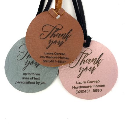 Thank you custom engraved leather gift tags brown pink and grey