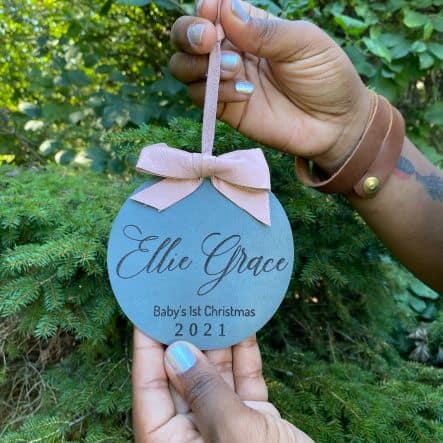 PErsonalized baby’s first christmas ornament in leather