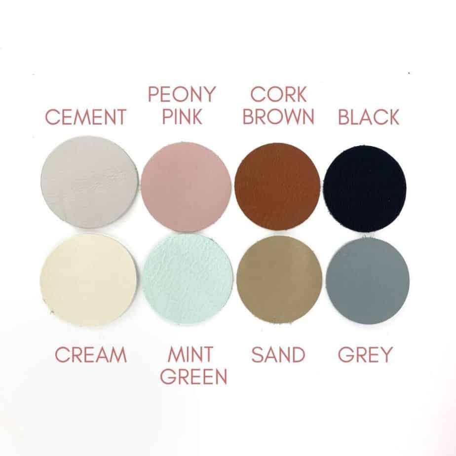 Image shows colors: Cement Peony pink, cork brown, black, cream, mint green, sand and grey