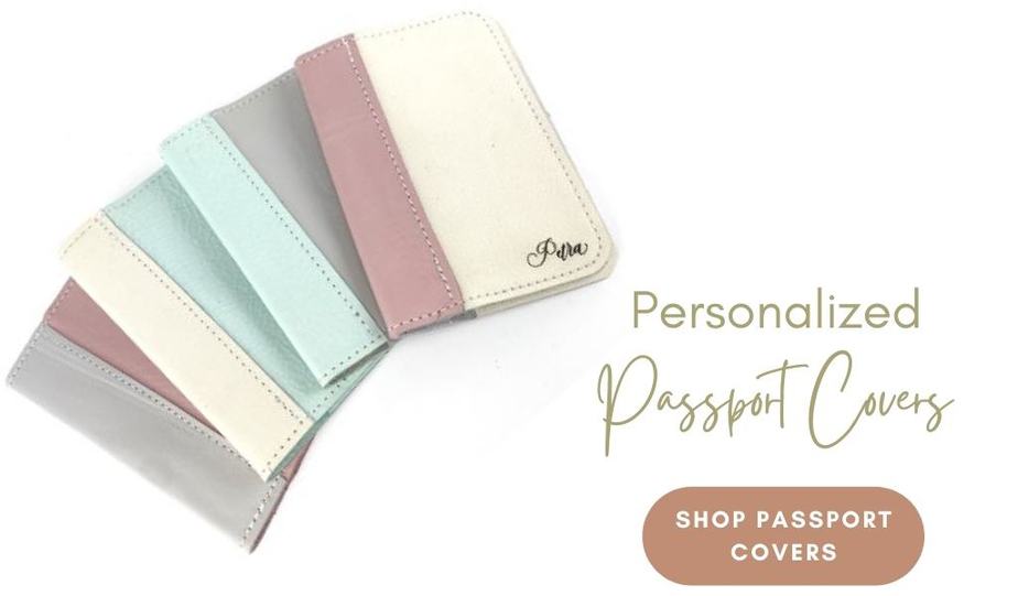 Image shows leather passport covers and reads" Personalized Passport Covers"