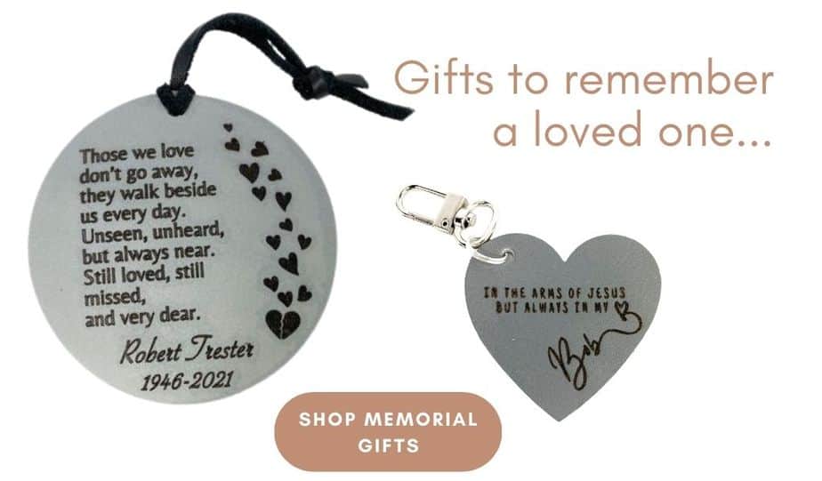 Image reads Gifts to remember a loved one, shows two personalized gifts to memorialize someone who passed away.