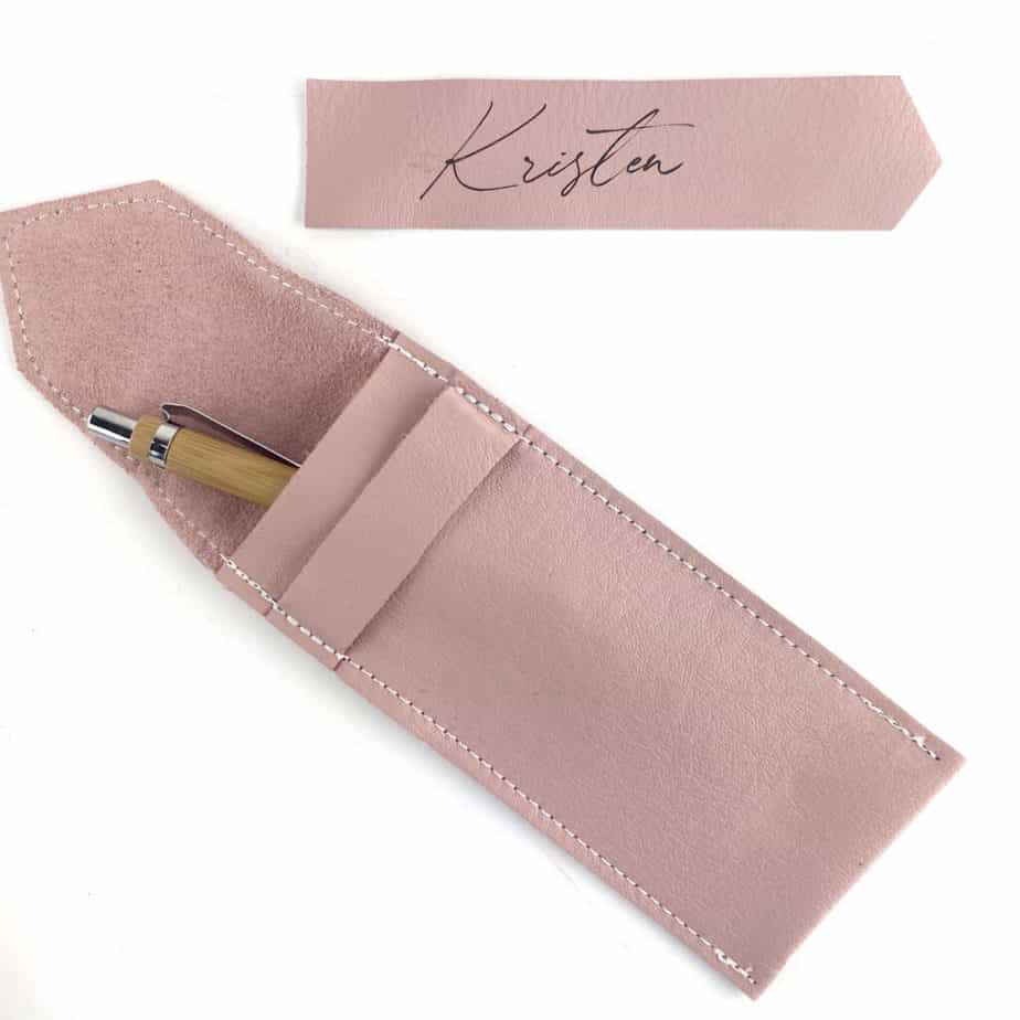 Pink leather pen pouch with matching leather personalized bookmark